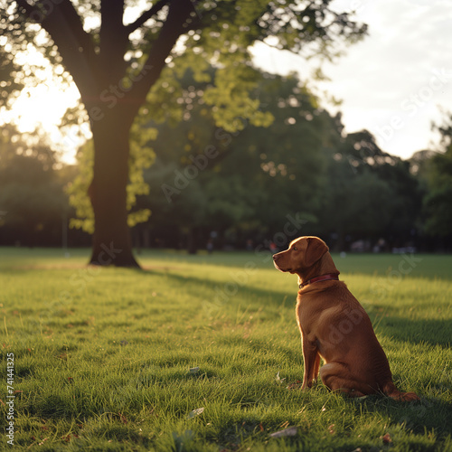 Contemplative Dog Enjoying the Park at Sunset. Generative Al