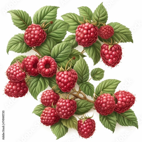 Amidst lush greenery, ripe red raspberries gleam, embodying nature's sweet bounty in a vibrant tapestry.