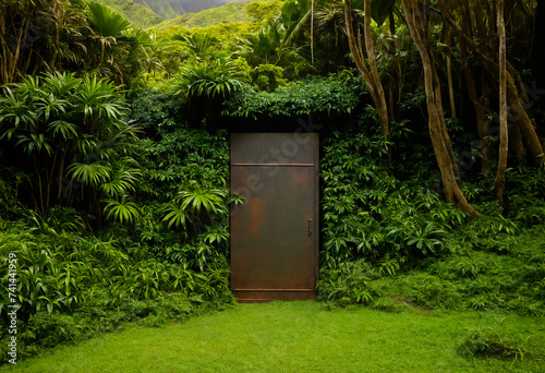 The entrance to an underground bunker in the jungle of the island of Hawaii is a shelter during a nuclear war photo