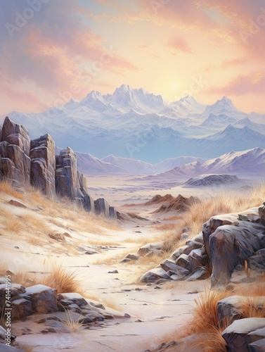 Snow-Capped Mountain Print: Bohemian Desert Landscape, Snowy Desert Peaks, Icy Sands