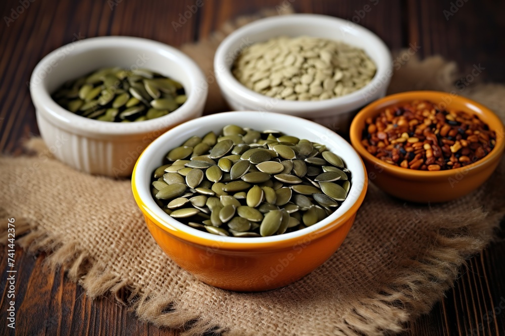 Seeds Pumpkin seeds, nuts and chia seeds and other healthy foods on the kitchen table Seeds Pumpkin seeds, nuts and chia seeds and other healthy foods on the kitchen table