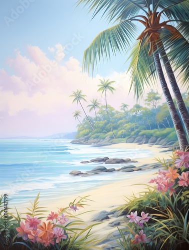 Dreamy Pastel Seascapes: Tropical Beach Art with Soft Palms and Gentle Tide