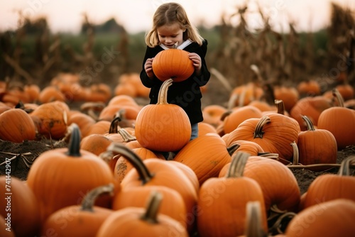 Little girl picking a pumpkin at a pumpkin patch during pandemic times 