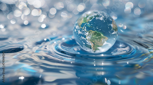 Globe resting on water surface with ripples  representing the concept of global water issues.