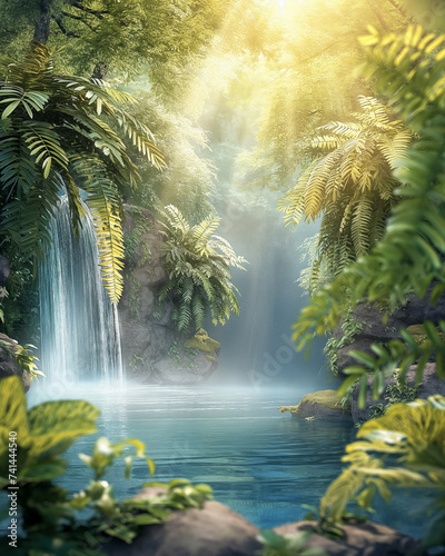 Card template with empty space  summer feeling with beautiful waterfall and fern plants in divine sun rays middle of jungle