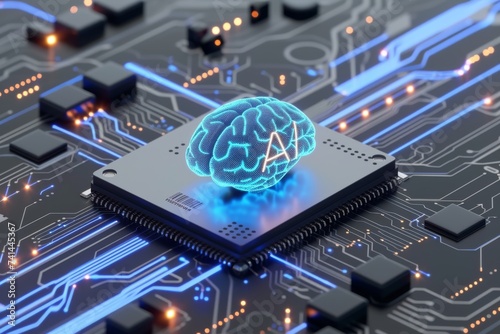 AI Brain Chip ai decision making enhancement. Artificial Intelligence chemorepulsion mind neurotransmitter targets axon. Semiconductor bias in ai circuit board graphic