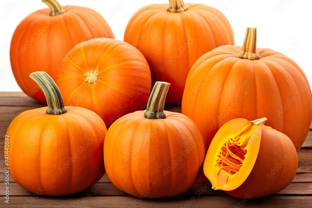 Autumn Harvest: A Collection of Vibrant Pumpkins on Wooden Surface Autumn Harvest: A Collection of Vibrant Pumpkins on Wooden Surface