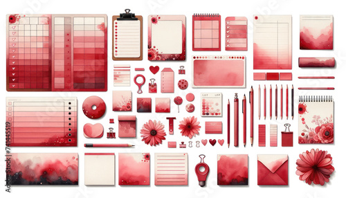 watercolor set, focusing on the color red. This set features a variety of list sheets, cute sticky notes, and memo pads as design elements
