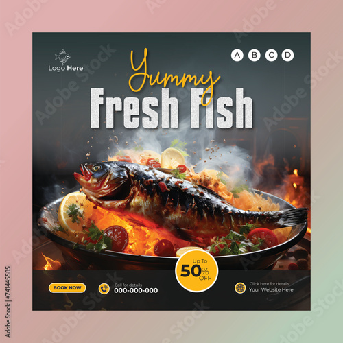 Healthy delicious fresh sea fish with exploding salad banner for social media post ai generated