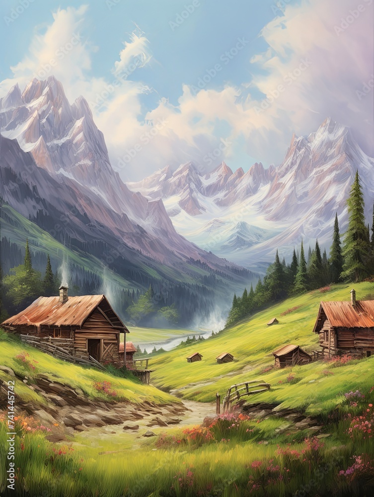 Mountain Village Serenity: Majestic Landscape Canvases and Paintings