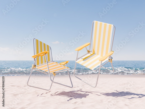 Fototapeta Naklejka Na Ścianę i Meble -  two yellow and white striped beach chairs levitating on sandy shore with clear blue sky and ocean waves in the background. Abstract summer concept.