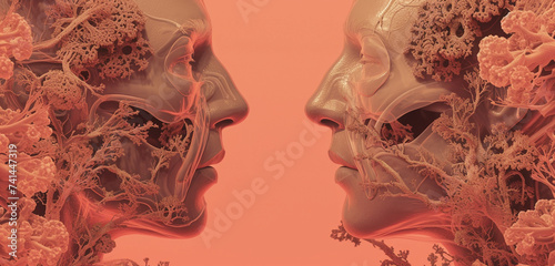 Artistic representation of the nasal passages and their connection to the throat, set on a muted coral background
