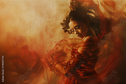 Spanish woman dancing flamenco on a vintage background photo