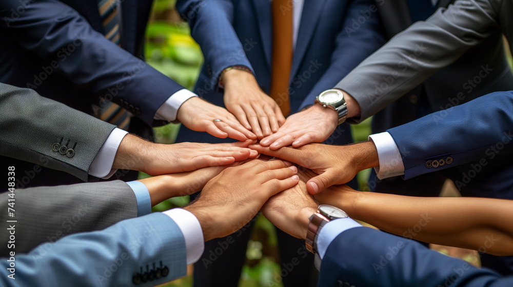 A team of professionals in suits joins hands together in a gesture of unity and cooperation