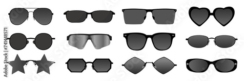 Sunglasses Icon Set . Black Sunglasses Vector Illustration Logo. Types of Glasses Icons Isolated Collection