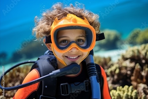 Portrait of a cute little boy with scuba mask and fins
