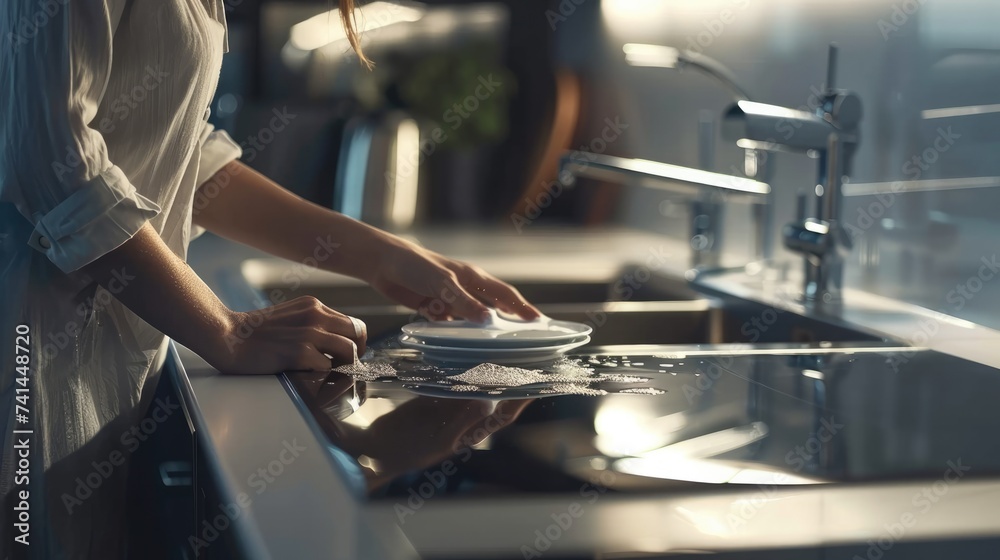 Close up of woman is washing plate in the modern kitchen.