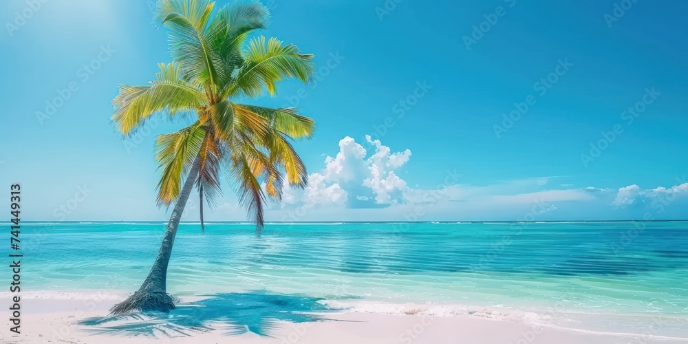 Tropical paradise idyllic beach scene invites viewer into world of serene beauty and unspoiled nature golden sands stretch endlessly along coastline by gentle waves of crystal clear ocean Tropical paradise idyllic beach scene invites viewer into world of serene beauty and unspoiled nature golden sands stretch endlessly along coastline by gentle waves of crystal clear ocean