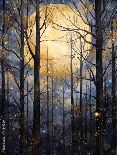 Mystical Moon and Starry Night Paintings: Golden Hour Starry Twilight in Night Gold