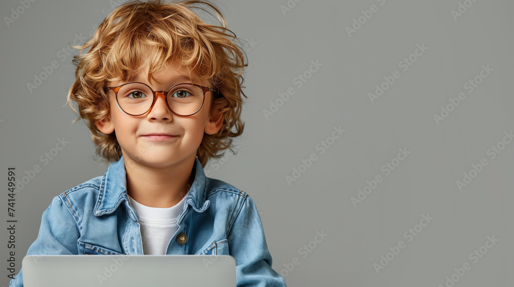 Child in glasses using a laptop is engaged in online learning or educational lessons. Smart boy is engrossed in the digital content displayed, demonstrating a modern educational approach