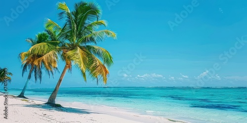 Tropical paradise idyllic beach scene invites viewer into world of serene beauty and unspoiled nature golden sands stretch endlessly along coastline by gentle waves of crystal clear ocean © Bussakon