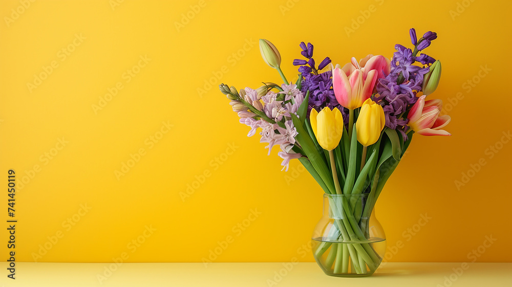 Bouquet of fresh tulips and hyacinths in vase on yellow color background. Still life with beautiful spring flowers, banner with copy space