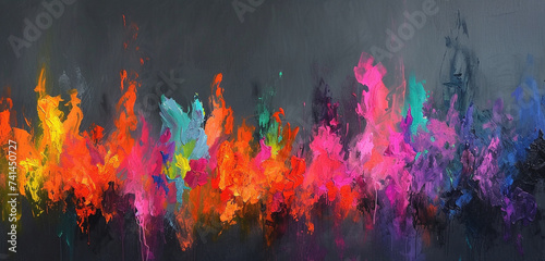 Bold abstract expressionist brush strokes in a riot of neon colors against a dark gray background photo