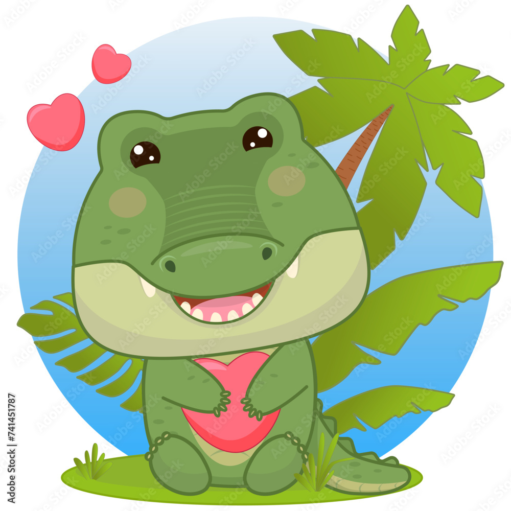 Obraz premium A cartoon crocodile sits on a palmetto in the leaves and hugs a heart. Crocodile in kawaii style. Vector illustration of drawings, prints and patterns. Children s illustration. Isolated on white