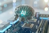 AI Brain Chip mental performance. Artificial Intelligence silicon germanium mind biomedical informatics axon. Semiconductor inspirational circuit board failure analysis