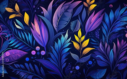 Blue and purple foliage and plants on a dark blue background