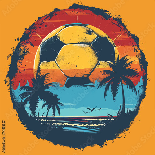 Logo vector illustration of soccer ball at sunset with palm trees