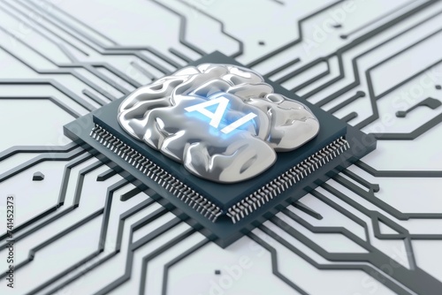 AI Brain Chip icon customization. Artificial Intelligence thalamus mind brodmann areas axon. Semiconductor neon indigo circuit board brain computer interface technology photo