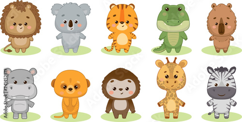 Set of tropical animals. Hippopotamus, lion, meerkat, capybara, giraffe, crocodile, zebra, sloth, tiger, koala. Vector illustration of drawings, prints, patterns. Isolated on white background