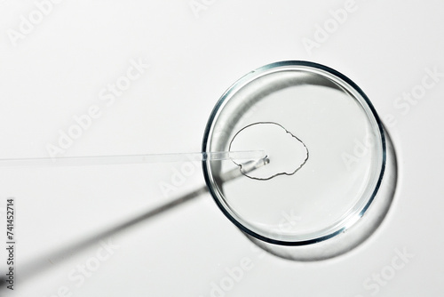 Petri dish with liquid, oil, gel, water, molecules, viruses. On a white background.