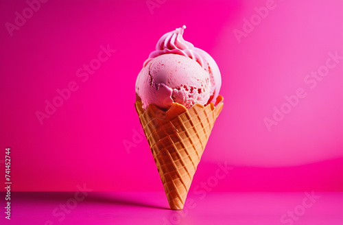 Waffle corn of fresh natural homemade sweet ice-cream against pink background.