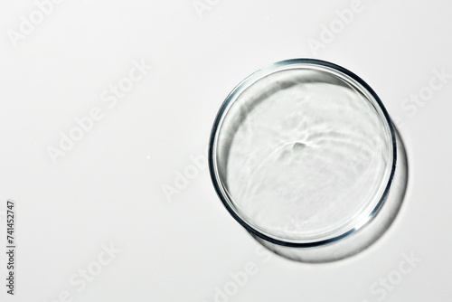 Petri dish with liquid, oil, gel, water, molecules, viruses. On a white background.
