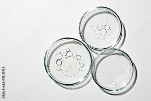 Petri dish with liquid, oil, gel, water, molecules, viruses. On a white background.