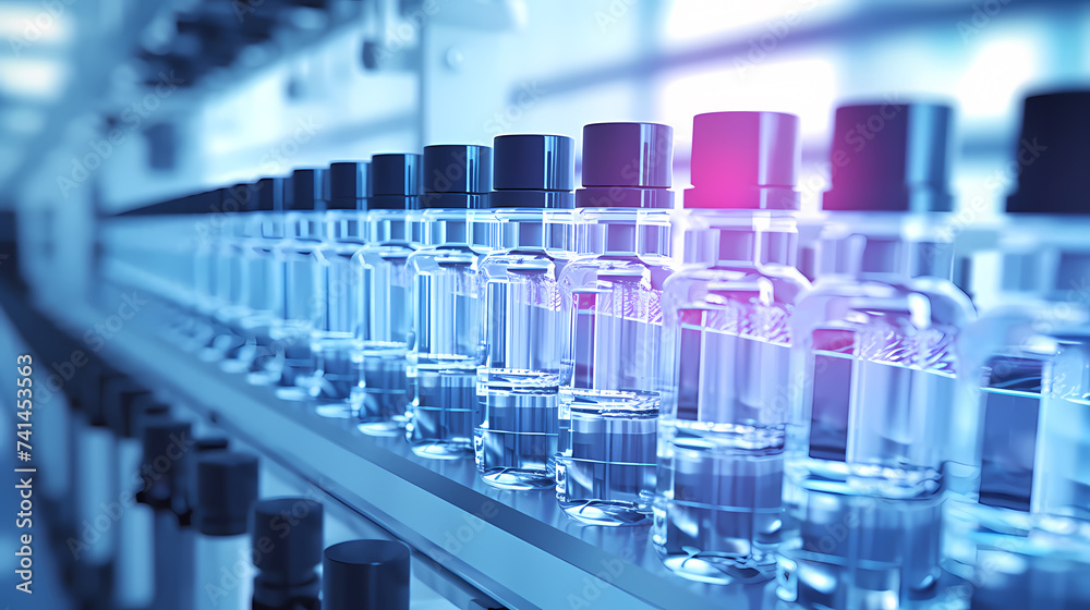 Medical vials on production line in pharmaceutical factory, pharmaceutical industry background Medical vials on production line in pharmaceutical factory, pharmaceutical industry background
