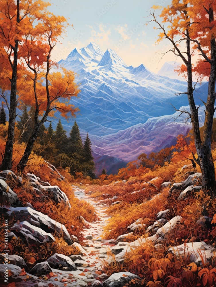Vivid Autumn Leaves: Snow-Capped Mountain Landscape & Early Winter in Rich Textures