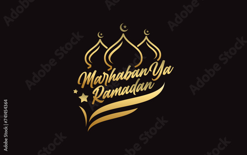 Illustration vector graphic of Marhaban ya Ramadan calligraphy. Handwritten greeting card design template