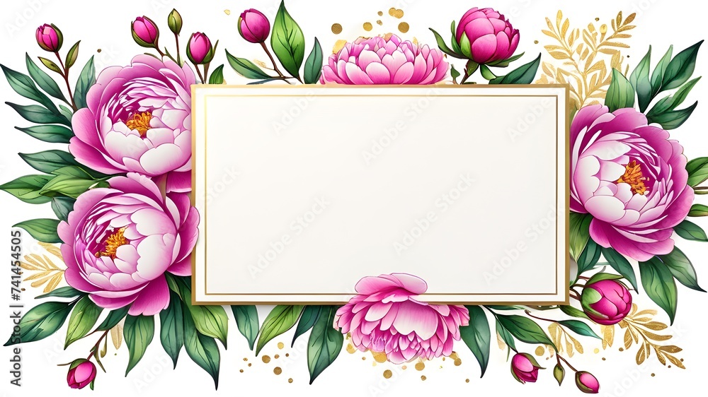 pink and gold floral Frame,copy space for text card with flowers and leaves , watercolour , wedding invite,Happy Women's, Mother's, Valentine's Day, birthday greeting card design. - obrazy, fototapety, plakaty 