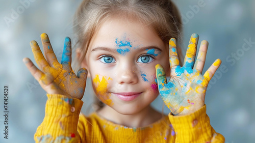 portrait of a funny child girl shows dirty hands. AI Generated