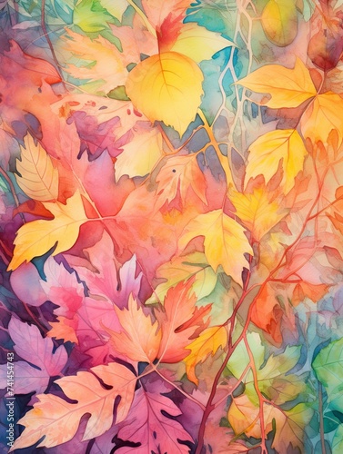 Autumn Leaves Paradise: Richly Textured Watercolor Landscape Art Print