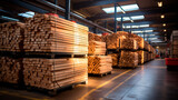 Imagen que muestra vigas de madera apiladas y ordenadas en un almacén. Destaca la uniformidad y disposición de las vigas, enfatizando la calidad y cantidad de la madera almacenada.