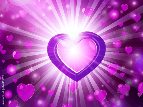 Heart shaped background for valentines day, in the style of dark violet and light violet, neo-pop iconography, sun rays shine upon it, luminous spheres, symbolic elements.