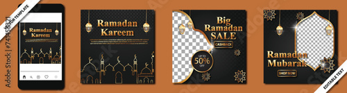 Square set of Ramadhan Sale, gold effect templates with decorative lights and a podium and transparent background for product placement. good for posters, social media posts, or advertising banners