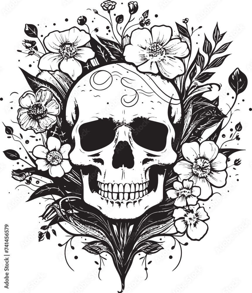 Dark Blossoms Thick Lineart Flowers with Skull Accents