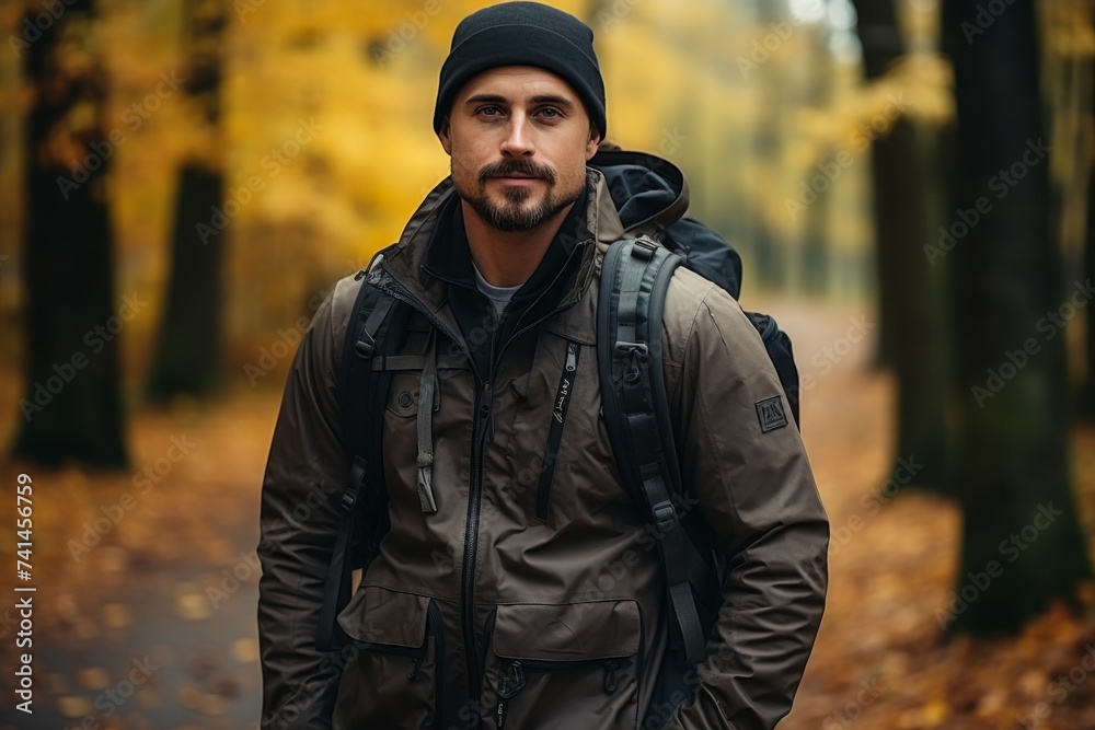 Young man with a backpack in sports clothes walks in the park in the autumn