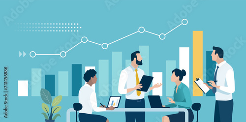 Strategy. Team and business chart. The team discusses market development. Vector illustration. 