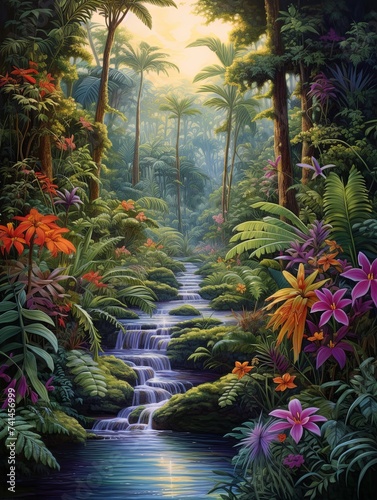 Tranquil Jungle Waterway  A Lush Pathway Through Tropical Forest Stream Landscapes